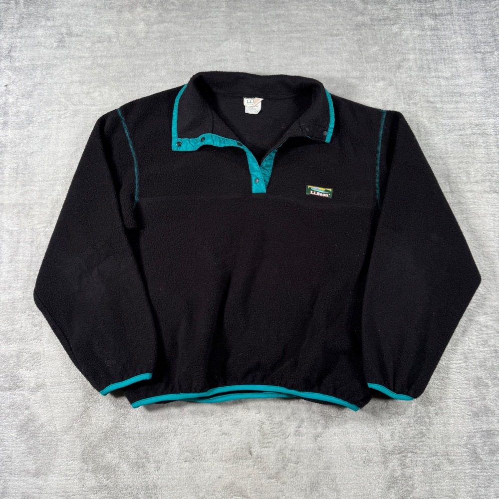 LL Bean Sweater Womens Large Black Fleece Pullover TSnap Vintage Ski Made in USA
